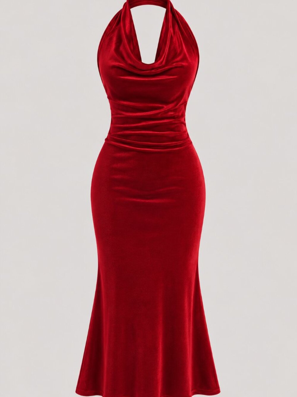 VeronaChic - Formal Luxury Red Velvet Halter Cowl Neck Bodycon Midi Dress